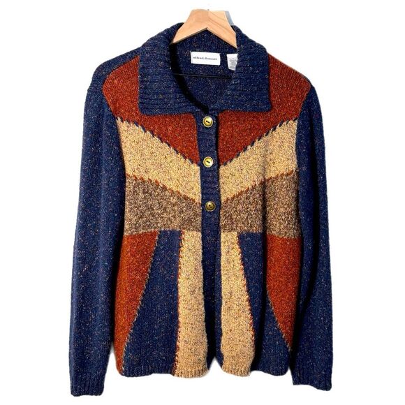 Alfred Dunner Blue and Brown Geometric Color Block Women’s L 3 Button Cardigan. - Picture 1 of 9